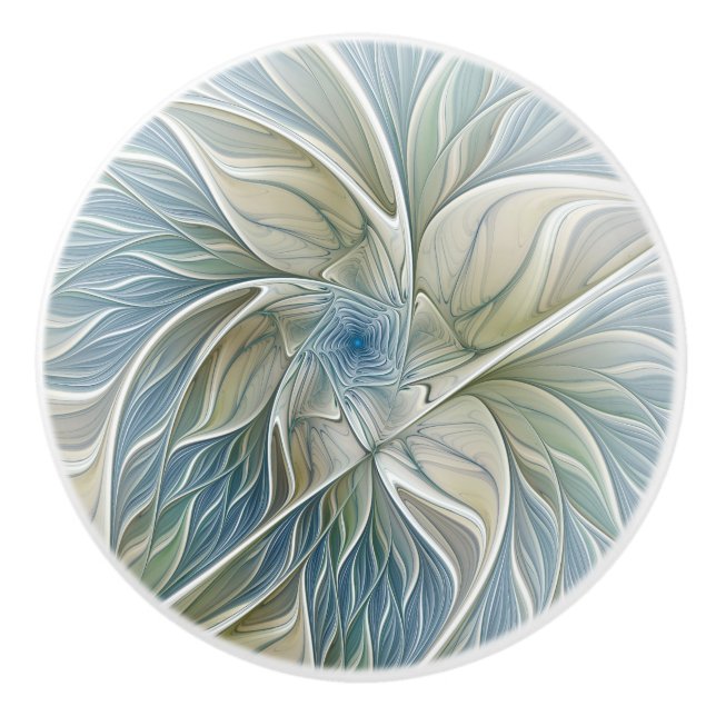 Floral Dream Pattern Abstract Blue Khaki Fractal Ceramic Knob (Front)