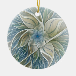 Floral Dream Pattern Abstract Blue Khaki Fractal Ceramic Ornament