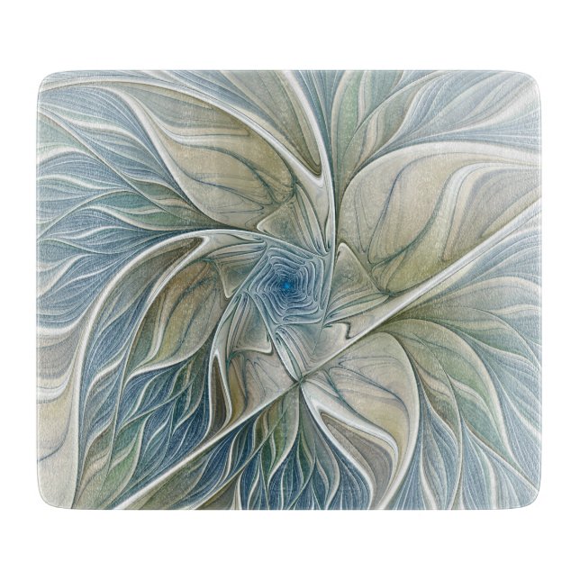 Floral Dream Pattern Abstract Blue Khaki Fractal Cutting Board (Front)