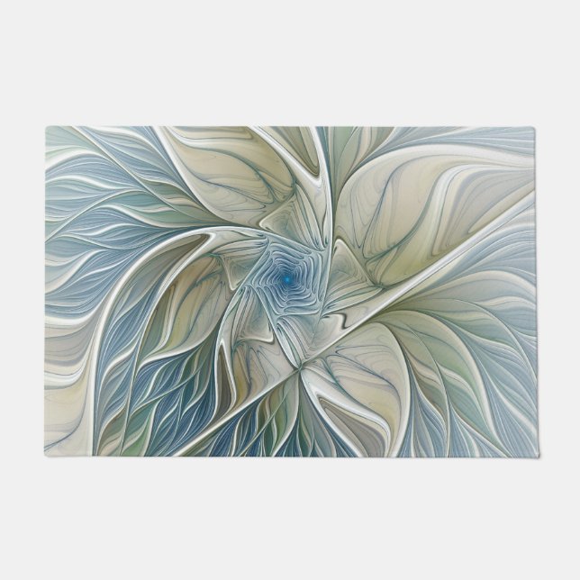 Floral Dream Pattern Abstract Blue Khaki Fractal Doormat (Front)
