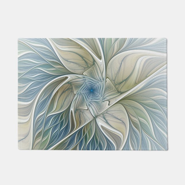 Floral Dream Pattern Abstract Blue Khaki Fractal Doormat (Front)