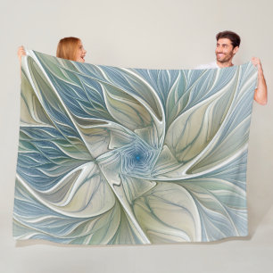 Floral Dream Pattern Abstract Blue Khaki Fractal Fleece Blanket