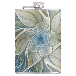 Floral Dream Pattern Abstract Blue Khaki Fractal Hip Flask