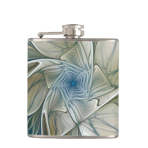 Floral Dream Pattern Abstract Blue Khaki Fractal Hip Flask