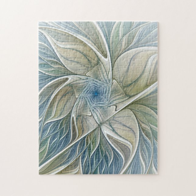 Floral Dream Pattern Abstract Blue Khaki Fractal Jigsaw Puzzle (Vertical)