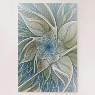 Floral Dream Pattern Abstract Blue Khaki Fractal Jigsaw Puzzle