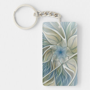 Floral Dream Pattern Abstract Blue Khaki Fractal Keychain