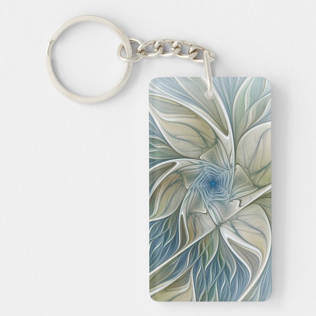 Floral Dream Pattern Abstract Blue Khaki Fractal Keychain (Front)