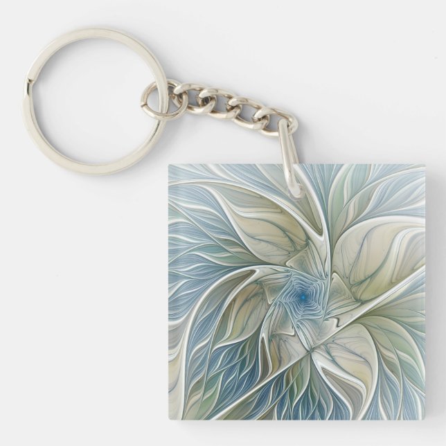 Floral Dream Pattern Abstract Blue Khaki Fractal Keychain (Front)