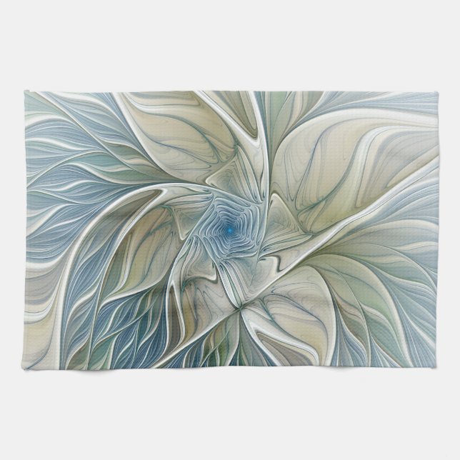 Floral Dream Pattern Abstract Blue Khaki Fractal Kitchen Towel (Horizontal)