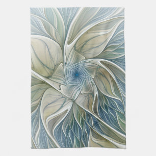Floral Dream Pattern Abstract Blue Khaki Fractal Kitchen Towel