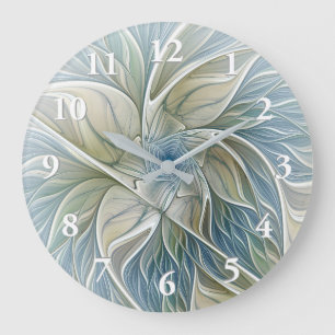 Floral Dream Pattern Abstract Blue Khaki Fractal Large Clock
