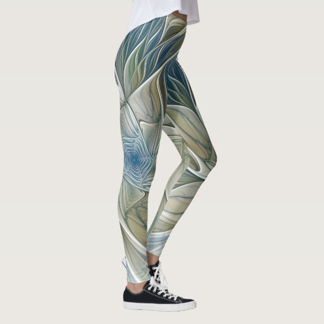 Floral Dream Pattern Abstract Blue Khaki Fractal Leggings (Right)