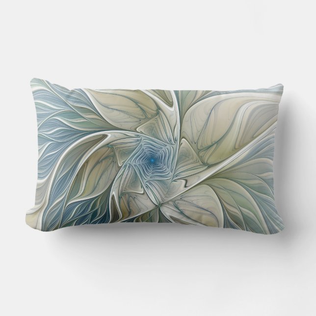 Floral Dream Pattern Abstract Blue Khaki Fractal Lumbar Pillow (Front)