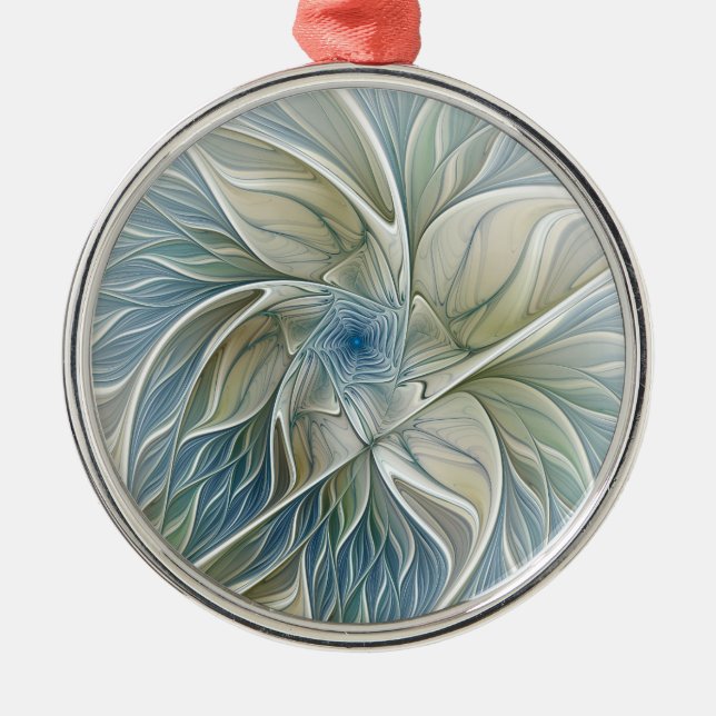 Floral Dream Pattern Abstract Blue Khaki Fractal Metal Ornament (Front)