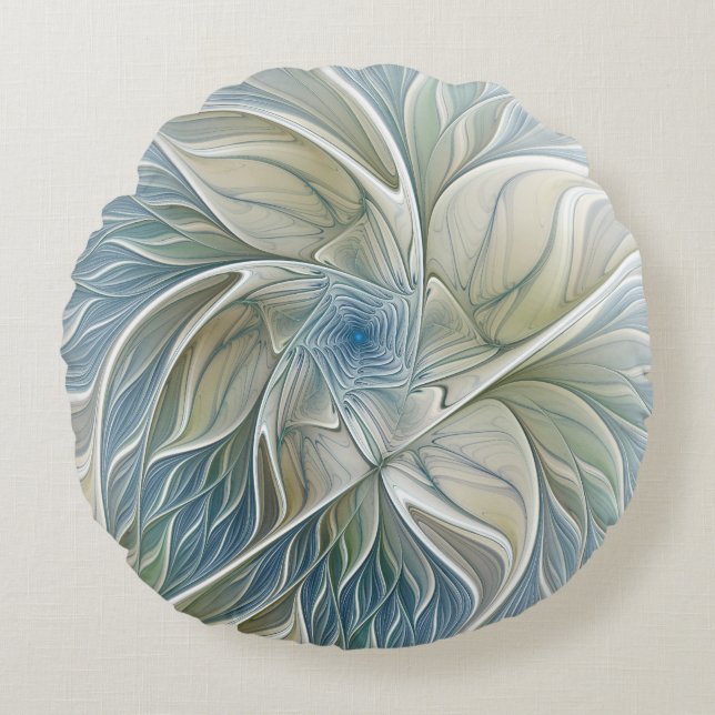 Floral Dream Pattern Abstract Blue Khaki Fractal Round Pillow (Front)