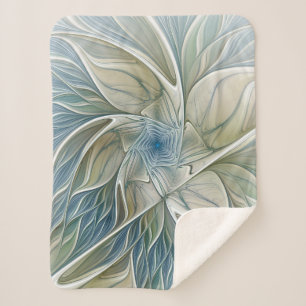 Floral Dream Pattern Abstract Blue Khaki Fractal Sherpa Blanket