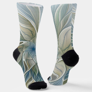 Floral Dream Pattern Abstract Blue Khaki Fractal Socks