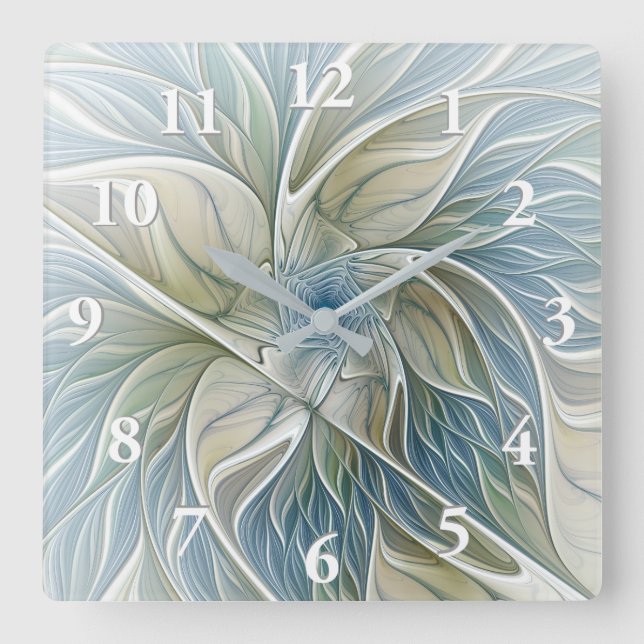 Floral Dream Pattern Abstract Blue Khaki Fractal Square Wall Clock (Front)