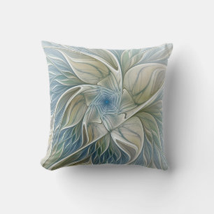 Floral Dream Pattern Abstract Blue Khaki Fractal Throw Pillow