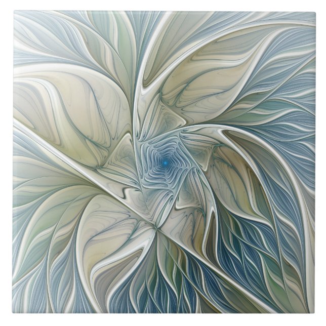 Floral Dream Pattern Abstract Blue Khaki Fractal Tile (Front)