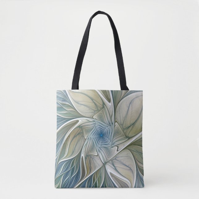 Floral Dream Pattern Abstract Blue Khaki Fractal Tote Bag (Front)