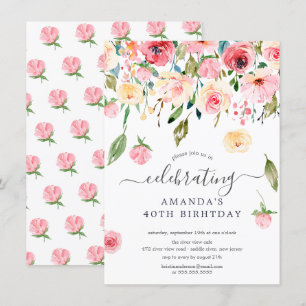 Floral Drop Pink Peonies Birthday Party Invitation