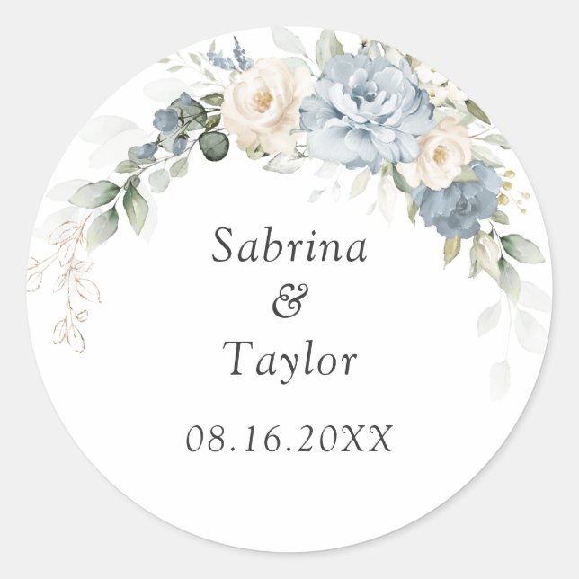 Floral Dusty Blue and White Envelope Seal Sticker (Front)