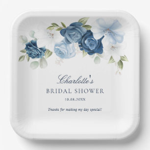 Floral Dusty Blue Botanical Bridal Shower Paper Plate