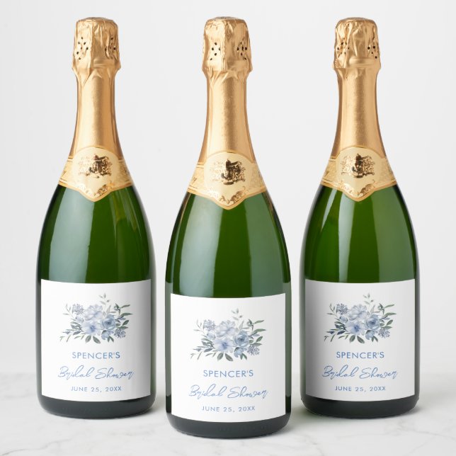 Floral Dusty Blue Bridal Shower Favour Sparkling Wine Label (Bottles)