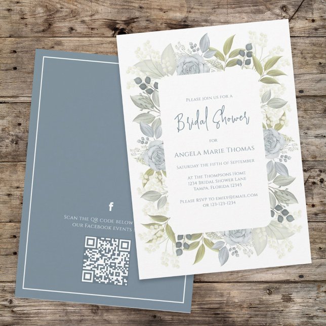 Floral Dusty Blue Bridal Shower QR Code Event Page Invitation (Creator Uploaded)