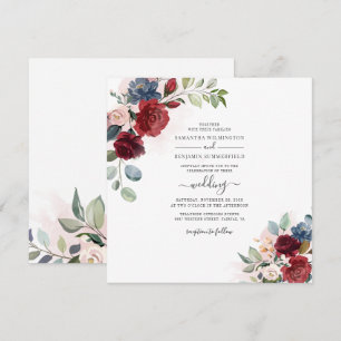 Floral Dusty Blue Burgundy Botanical Wedding Invitation