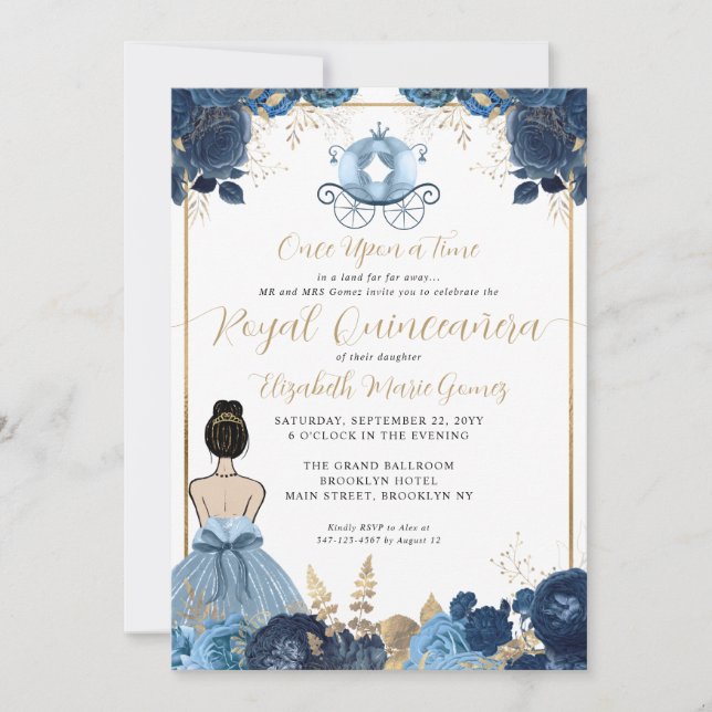 Floral Dusty Blue Cinderella Royal Quinceanera Invitation (Front)