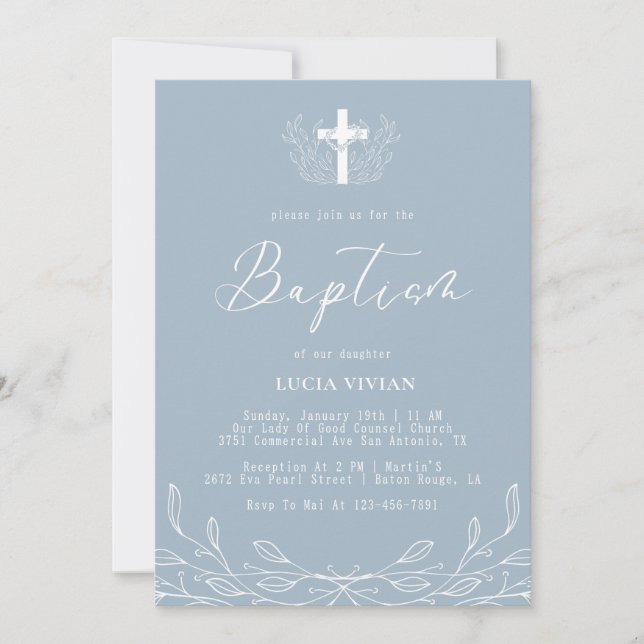 Floral Dusty Blue Cross Minimalist Baptism Invitation (Front)