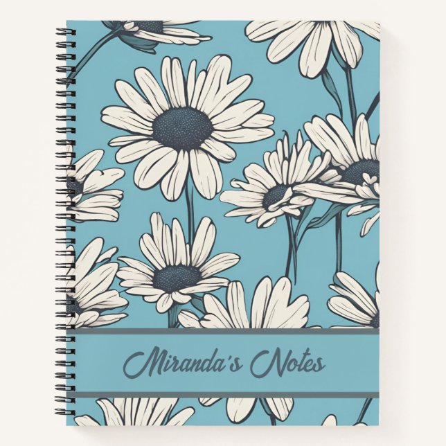 Floral Dusty Blue Daisy Personalized  Notebook (Front)