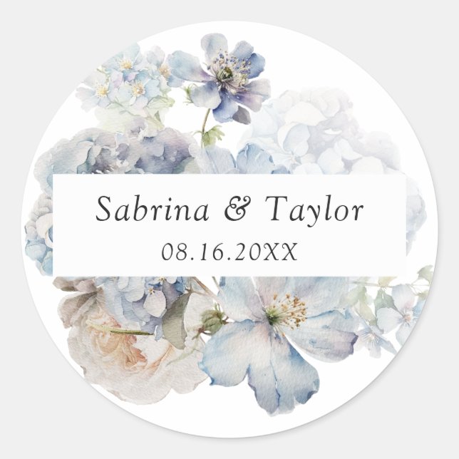 Floral Dusty Blue Elegant Envelope Seal Sticker (Front)