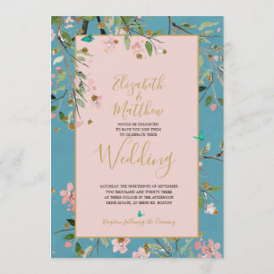 Floral Dusty Blue Elegant Gold Floral Wedding Invitation