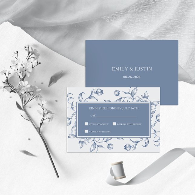 Floral Dusty Blue Elegant Wedding RSVP Card (Creator Uploaded)