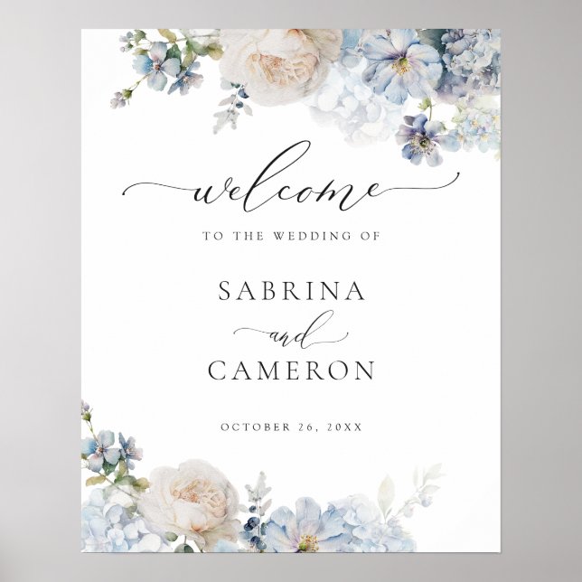 Floral Dusty Blue Elegant Wedding Welcome Sign (Front)