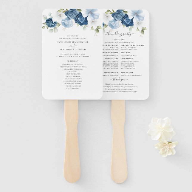 Floral Dusty Blue Eucalyptus Wedding Program Hand Fan (Front and Back)