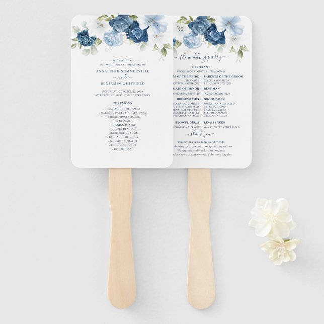 Floral Dusty Blue Eucalyptus Wedding Program Hand Fan (Front and Back)