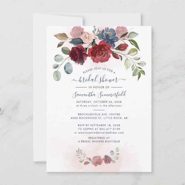 Floral Dusty Blue Greenery Bridal Shower Invitation (Front)
