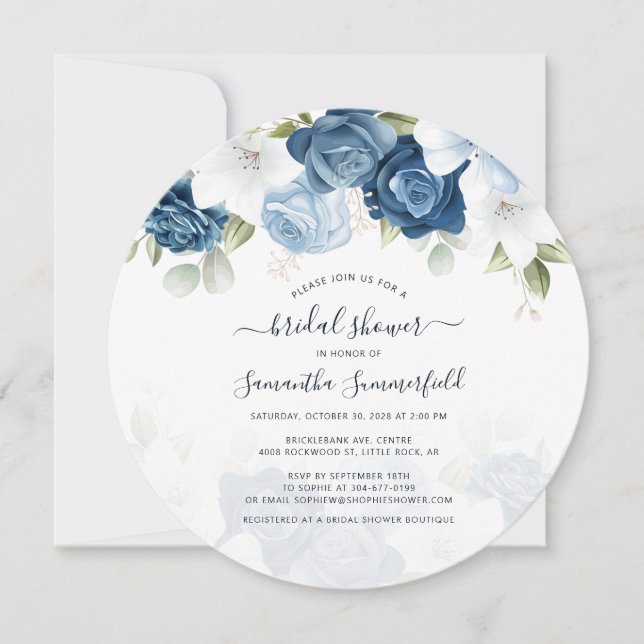 Floral Dusty Blue Greenery Script Bridal Shower Invitation (Front)