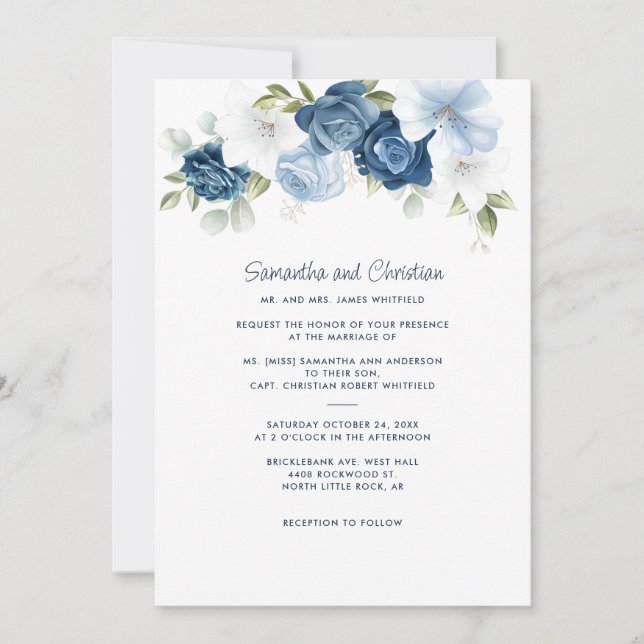 Floral Dusty Blue Greenery Typography Wedding Invitation (Front)