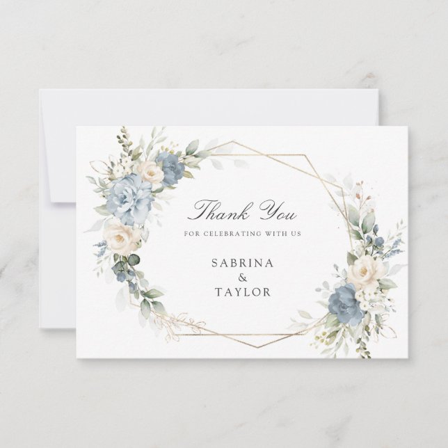 Floral Dusty Blue Greenery Wedding Thank You Card (Front)