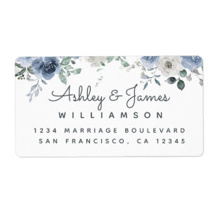 Floral Dusty Blue Ivory Rose Script Return Address