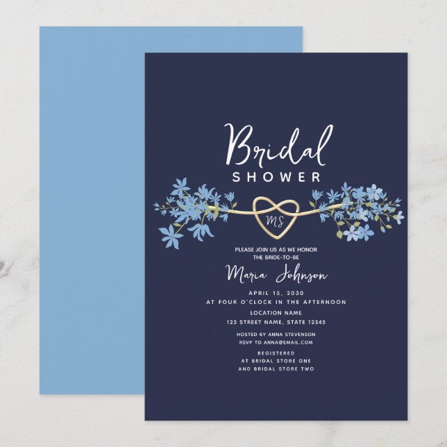 Floral Dusty Blue Navy Bridal Shower Invitation (Front/Back)