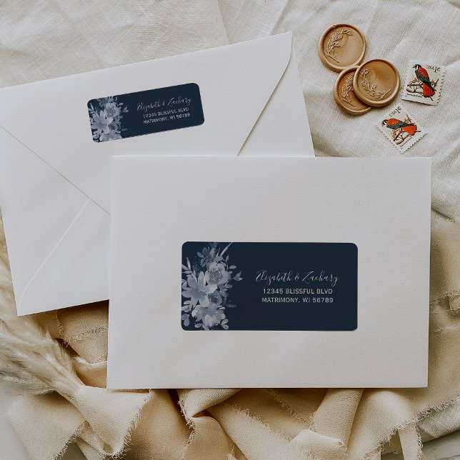 Floral Dusty Blue Navy Wedding Return Address (Creator Uploaded)