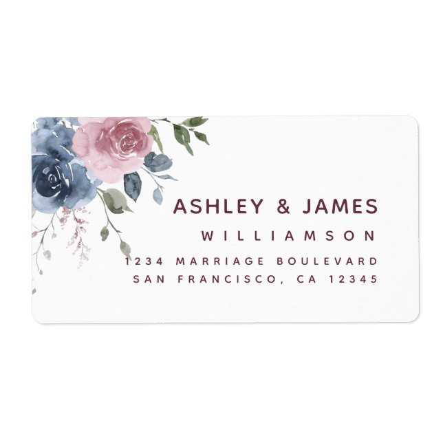 Floral Dusty Blue Pink Rose Script Return Address (Front)