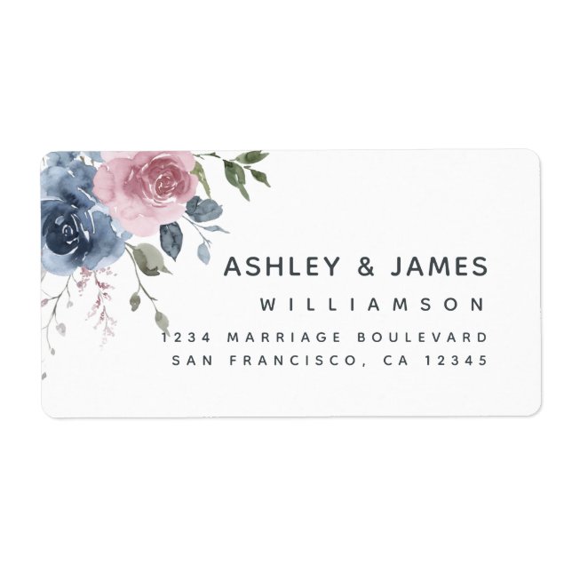 Floral Dusty Blue Pink Rose Script Return Address  (Front)